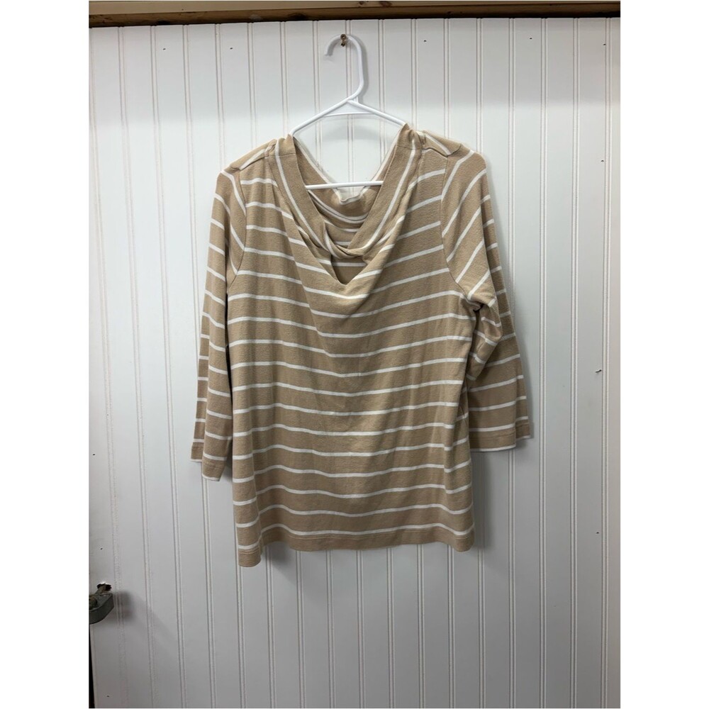 Chico's neutral cotton 3/4 quarter length sleeve beige and White Striped blouse